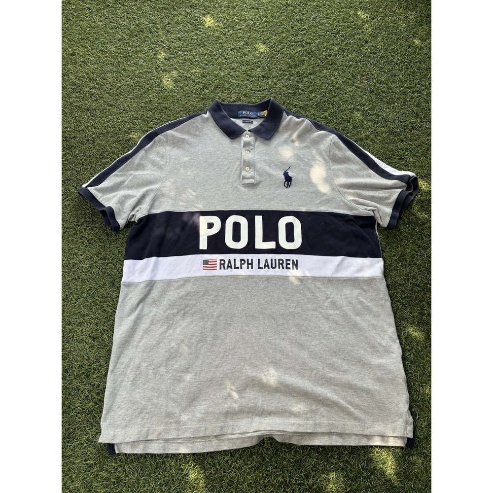 Polo Ralph Lauren‎ Big Pony Regular Fit Polo Shirt XL Spellout USA Gray Preppy